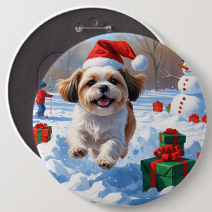 Shih Tzu Running in Snow with Christmas Hat 6 Inch Round Button