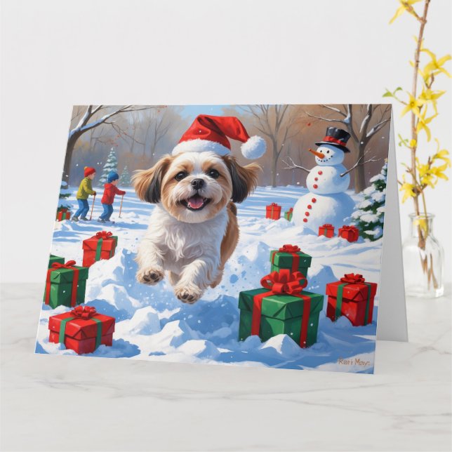 Shih Tzu Running in Snow with Christmas Hat Card (Yellow Flower)