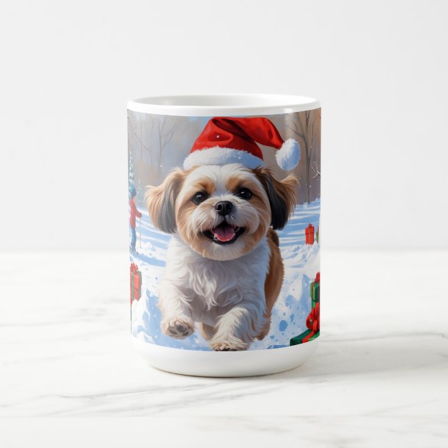 Shih Tzu Running in Snow with Christmas Hat Coffee Mug (Center)