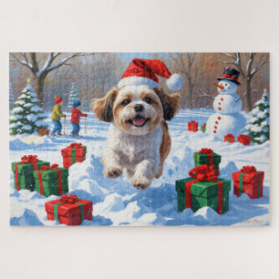 Shih Tzu Running in Snow with Christmas Hat Jigsaw Puzzle