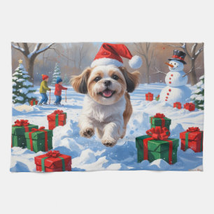 Shih Tzu Running in Snow with Christmas Hat Kitchen Towel
