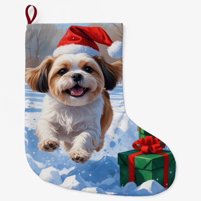 Shih Tzu Running in Snow with Christmas Hat Large Christmas Stocking (Front)