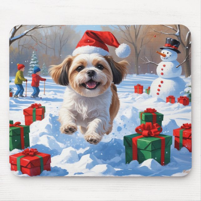 Shih Tzu Running in Snow with Christmas Hat Mouse Pad (Front)
