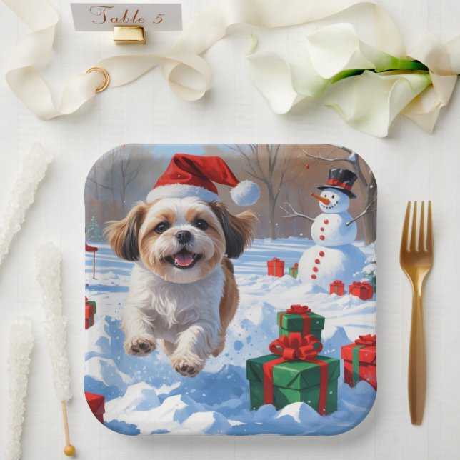 Shih Tzu Running in Snow with Christmas Hat Paper Plate (Wedding)