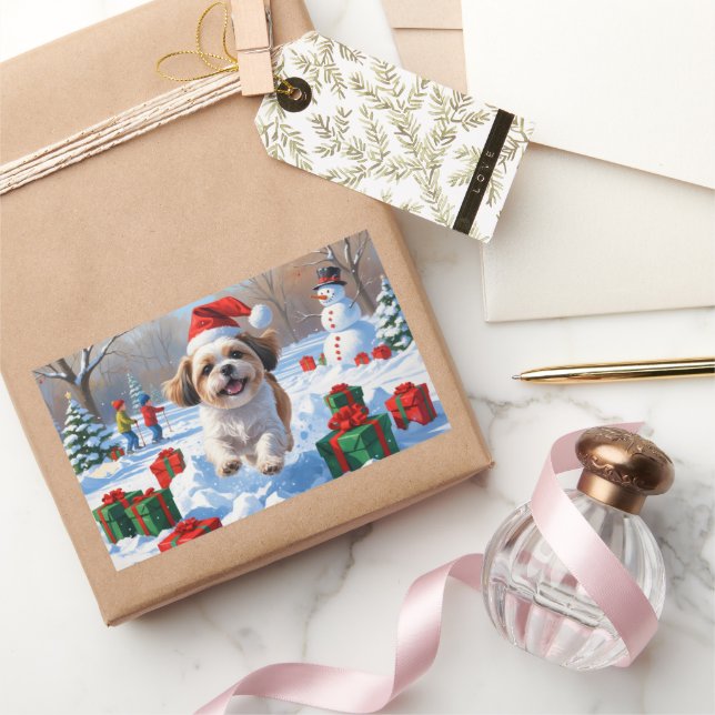 Shih Tzu Running in Snow with Christmas Hat Sticker (Gifting)
