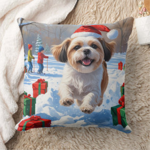 Shih Tzu Running in Snow with Christmas Hat Throw Pillow