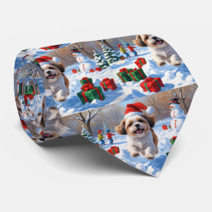 Shih Tzu Running in Snow with Christmas Hat Tie
