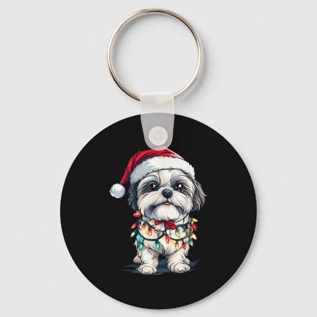 Shih Tzu Santa Christmas Tree Lights Xmas Dog Love Keychain (Front)
