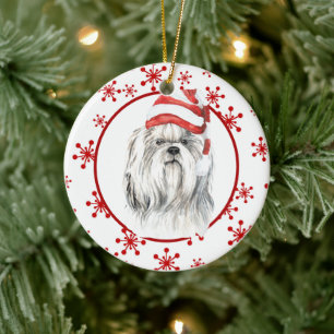 Shih Tzu  Santa Hat Red Snowflake Ceramic Ornament