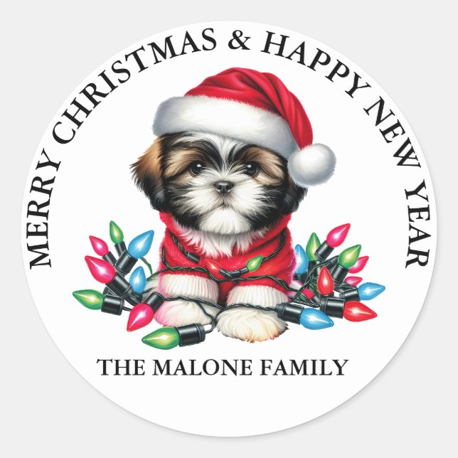 Shih Tzu Santa Paws is Coming to Town Classic Round Sticker (Front)