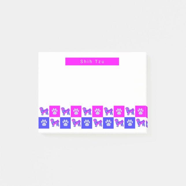 Shih Tzu Silhouette Dog & Paw Hot Pink & Blue Post-it Notes (Front)