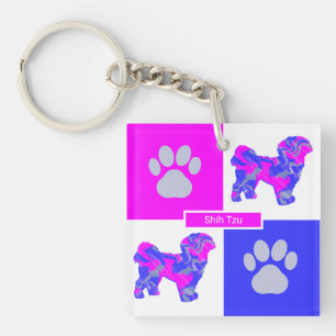 Shih Tzu Silhouette Dog & Paw Pink and Blue Square Keychain