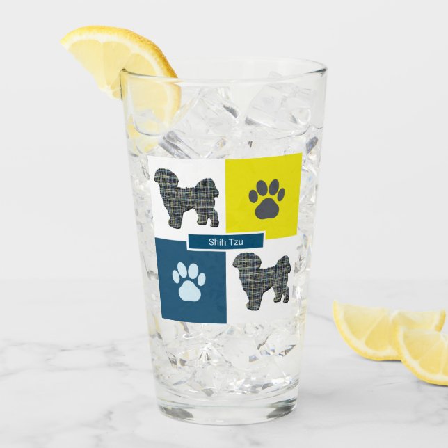 Shih Tzu Silhouette Dog & Paw Y&B Grid Glass (Front Ice)