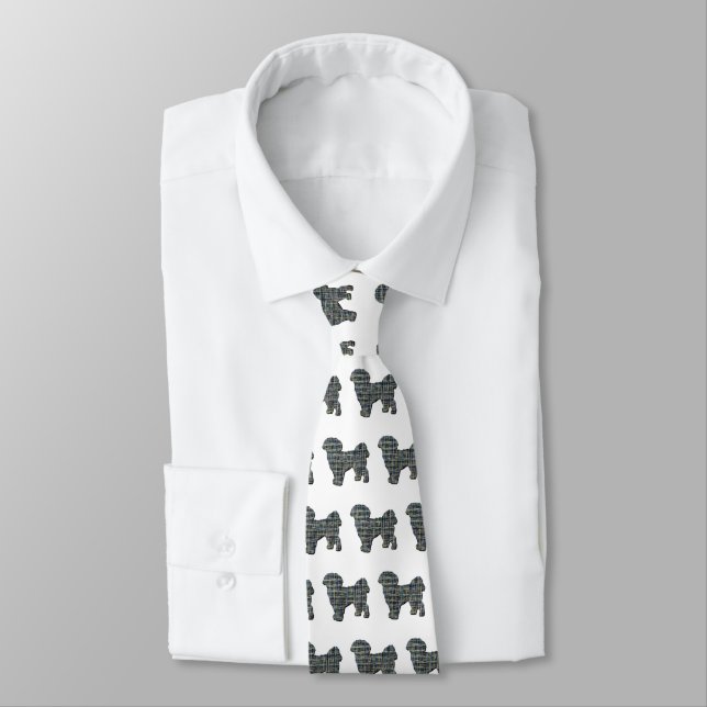 Shih Tzu Silhouette Dog Yellow & Black Grid White Tie (Tied)