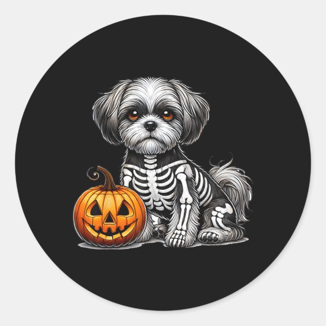 Shih Tzu Skeleton Jack O Lantern Funny Dog Classic Round Sticker (Front)