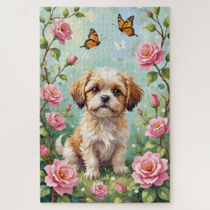 Shih Tzu Spring Rose Garden Cute Dog Jigsaw Puzzle