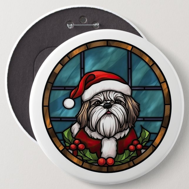 Shih Tzu Stained Glass Christmas 6 Inch Round Button (Front & Back)