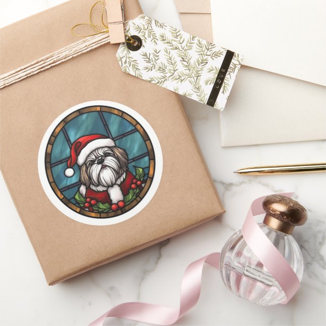 Shih Tzu Stained Glass Christmas Classic Round Sticker (Gifting)