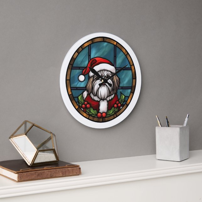 Shih Tzu Stained Glass Christmas Large Clock (Office)