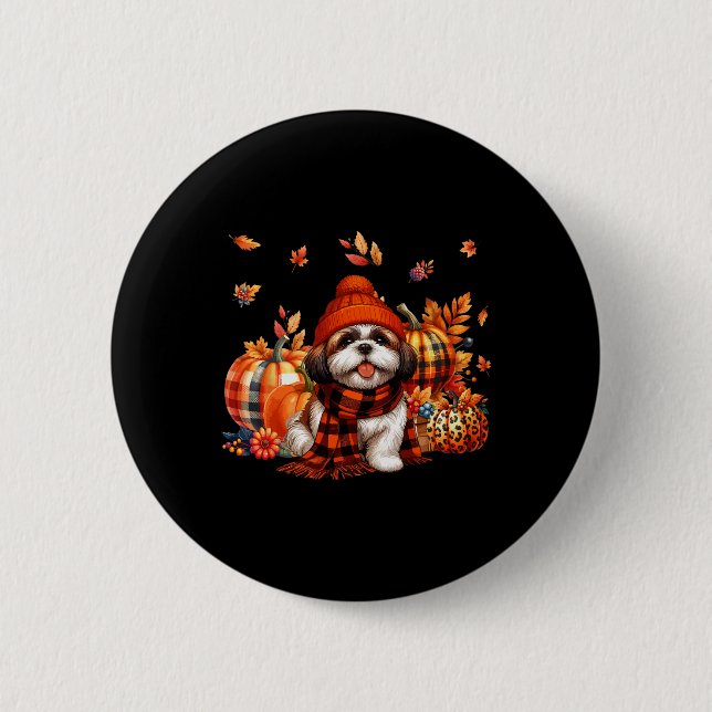 Shih Tzu Thanksgiving Leopard Pumpkins Fall Leaves 2 Inch Round Button (Front)