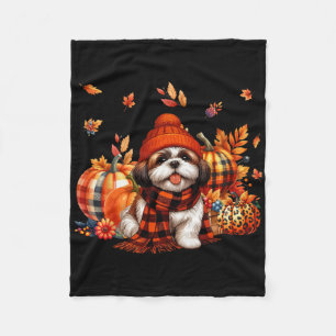 Shih Tzu Thanksgiving Leopard Pumpkins Fall Leaves Fleece Blanket