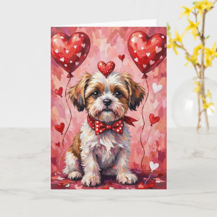 Shih Tzu Valentine Dog Sitting with Hearts Red Card