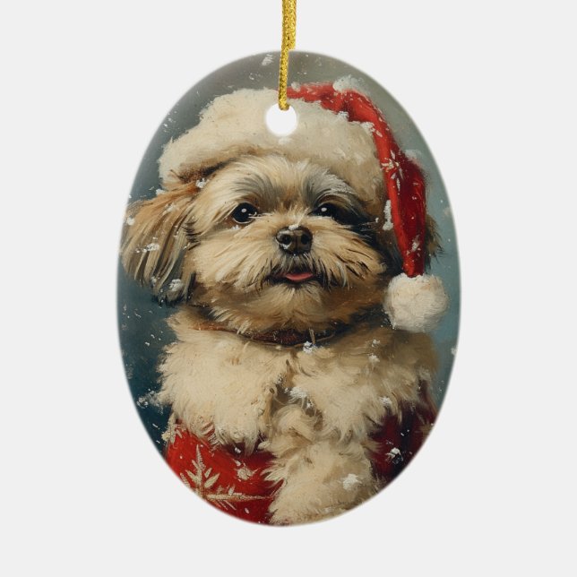 Shih Tzu Vintage Christmas  Ceramic Ornament (Front)