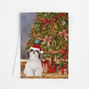 Shih Tzu Watercolor Under the Christmas Tree Card