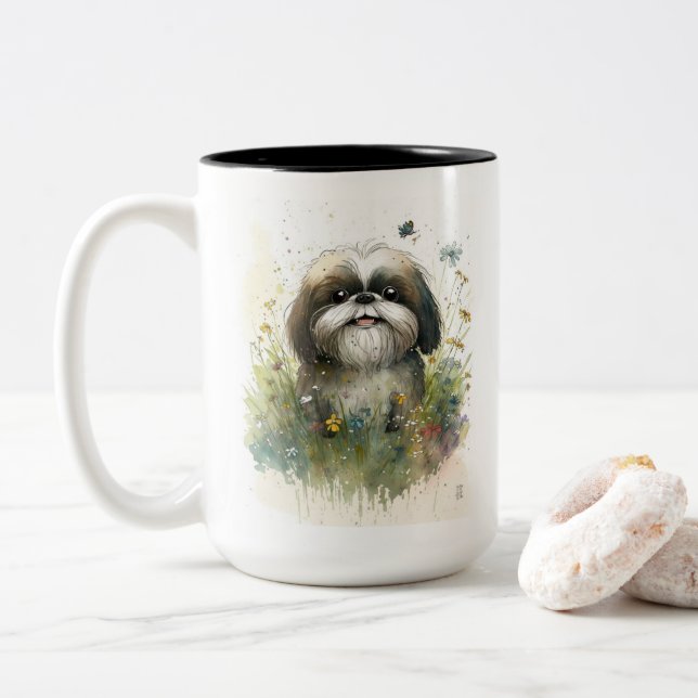 Shih Tzu Watercolor Whimsical  Two-Tone Coffee Mug (With Donut)