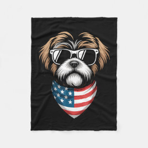 Shih Tzu with American Flag Bandana Fleece Blanket