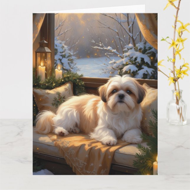 Shih Tzu with Christmas Lights Holiday  Card (Yellow Flower)