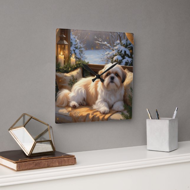 Shih Tzu with Christmas Lights Holiday  Square Wall Clock (Office)
