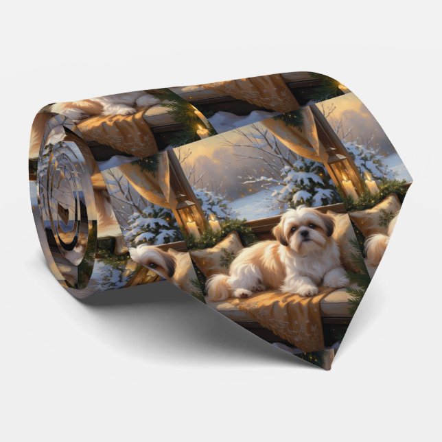 Shih Tzu with Christmas Lights Holiday  Tie (Rolled)