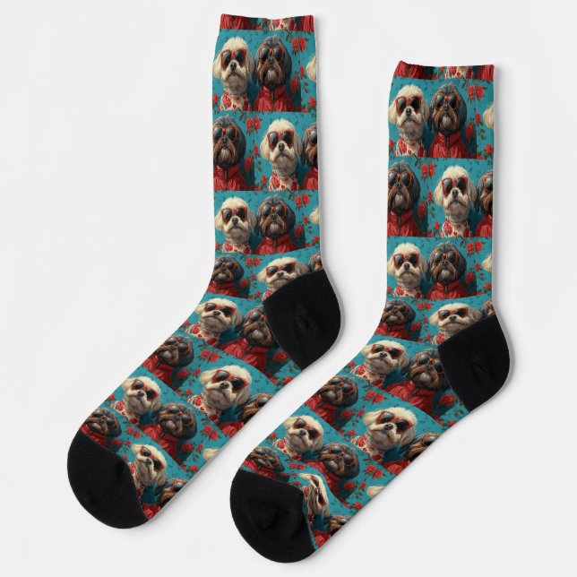Shih Tzu with Heart Roses Valentine's Day  Socks (Left)