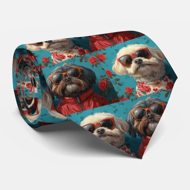 Shih Tzu with Heart Roses Valentine's Day  Tie (Rolled)