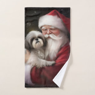 Shih Tzu With Santa Claus Festive Christmas  Bath Towel Set