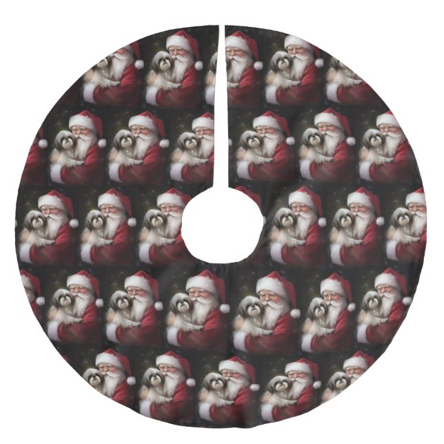 Shih Tzu With Santa Claus Festive Christmas  Brushed Polyester Tree Skirt (Front)