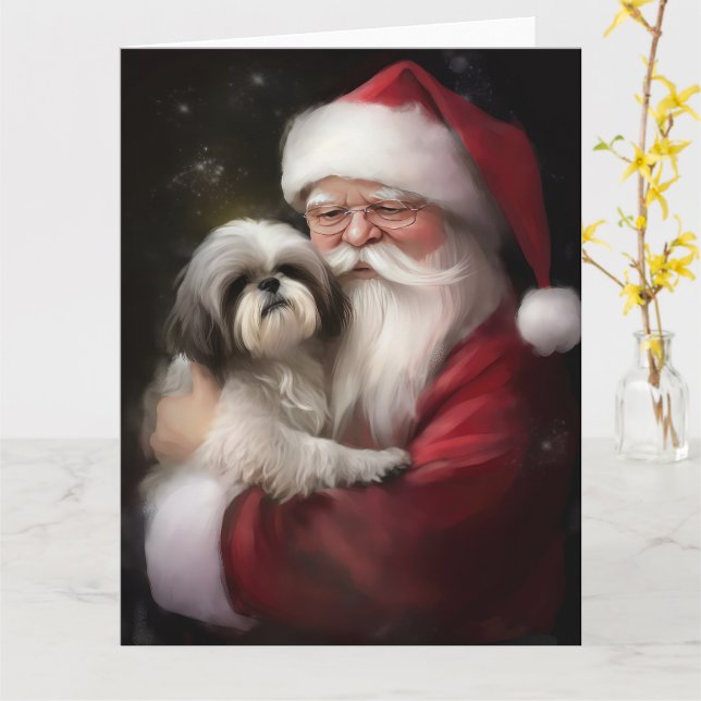 Shih Tzu With Santa Claus Festive Christmas  Card (Yellow Flower)