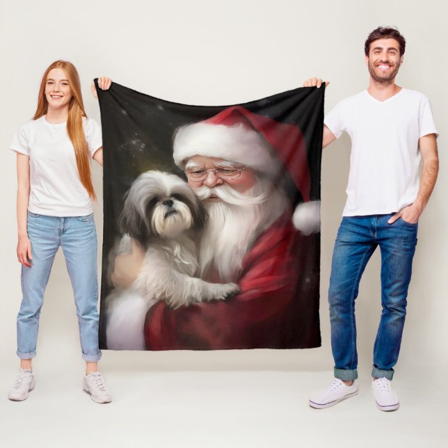 Shih Tzu With Santa Claus Festive Christmas  Fleece Blanket (In Situ)