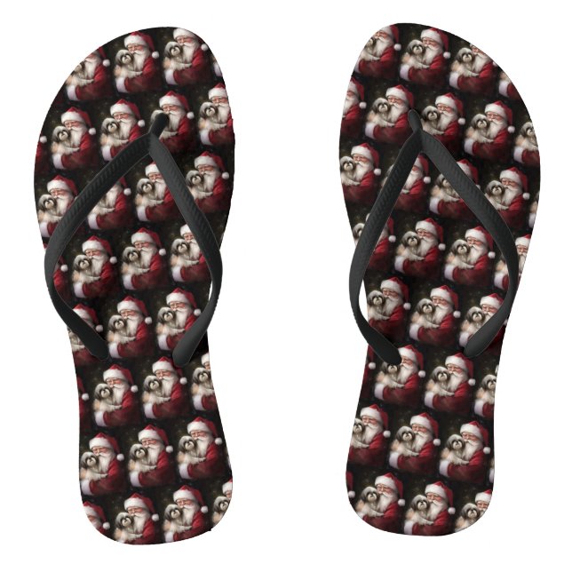 Shih Tzu With Santa Claus Festive Christmas  Flip Flops (Footbed)
