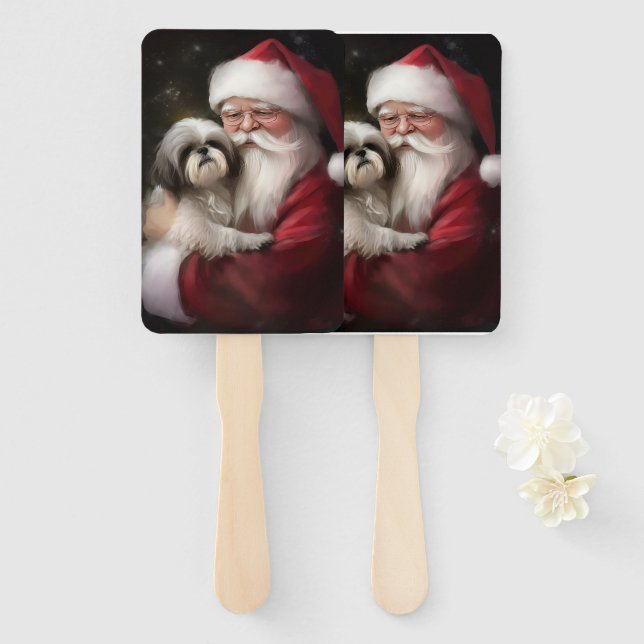 Shih Tzu With Santa Claus Festive Christmas  Hand Fan (Front and Back)