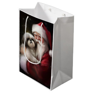 Shih Tzu With Santa Claus Festive Christmas  Medium Gift Bag