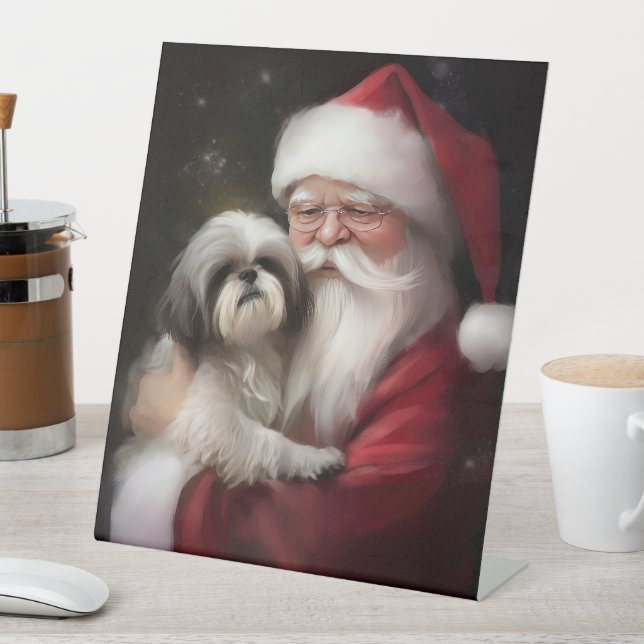 Shih Tzu With Santa Claus Festive Christmas  Pedestal Sign (In SItu)