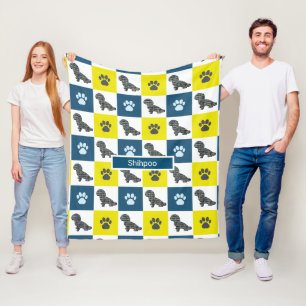 Shihpoo Dog & Paw Print Yellow Grid Silhouette Fleece Blanket