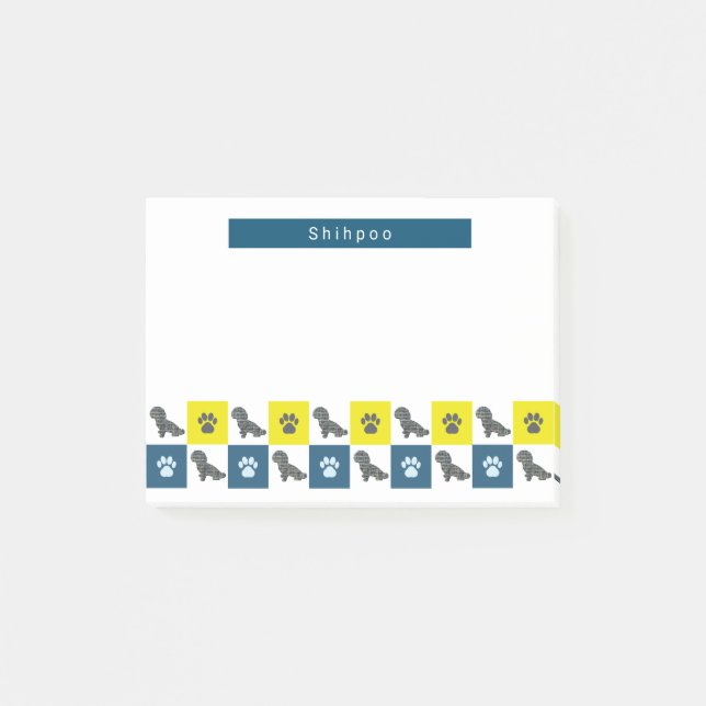 Shihpoo Dog & Paw Yellow & Blue Grid Silhouette Post-it Notes (Front)