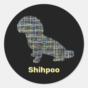 Shihpoo Dog Silhouette Yellow & Black Grid Lines Classic Round Sticker