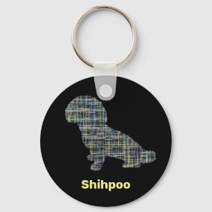 Shihpoo Dog Silhouette Yellow & Black Grid Lines Keychain