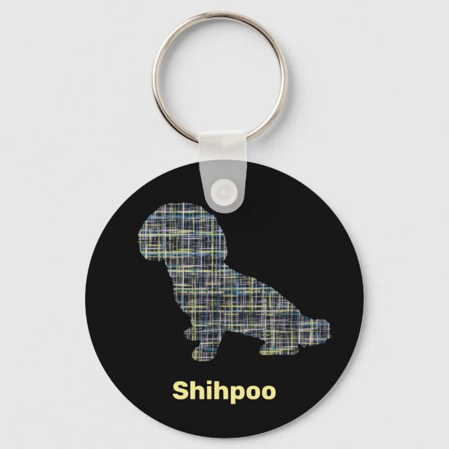 Shihpoo Dog Silhouette Yellow & Black Grid Lines Keychain (Front)