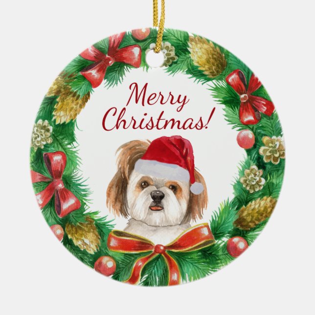 Shihtzu Dog Merry christmas Ceramic Ornament (Front)