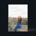 Shiloh Antique Gold Modern Elegant Wedding Save The Date<br><div class="desc">Modern wedding save the date card featuring a simple design with your names in an elegant script at the top left and your date, city and state below to the right, over your favourite vertical photo. The template includes a sheer overlay along the top to help the text stand out...</div>